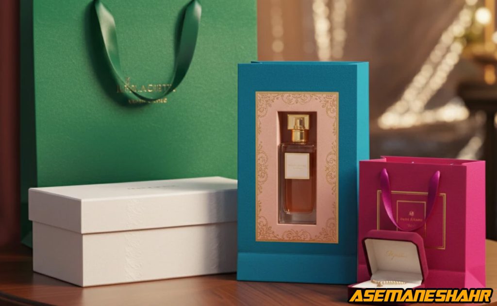 بگ سبز لوکس همراه جعبه سفید، بسته‌ بندی عطری فیروزه‌ ای و پاکت هدیه کوچک صورتی، نماد تنوع سایزبندی و انتخاب صحیح.