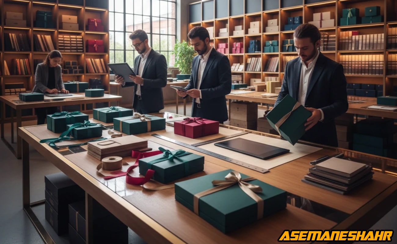 تیم طراحی آسمان‌ شهر در حال بررسی نمونه‌ های بسته‌ بندی هدیه روی میزهای کار، نمایش فرآیند خلاقیت و توسعه محصولات لوکس برند.