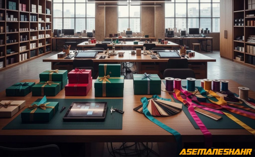 کارگاه طراحی محصول با جعبه‌ های کادو، روبان‌ های رنگی و ابزار دیجیتال،نمایی از مراحل ساخت نمونه‌ های بسته‌ بندی حرفه‌ای و لوکس.