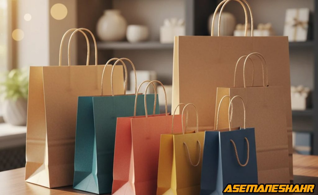 ساک های دستی کرافت آسمان شهر در چند سایز با دستمال کاغذی رنگی، چیدمان بوتیکی برای بسته بندی شیک و سازگار با محیط زیست.