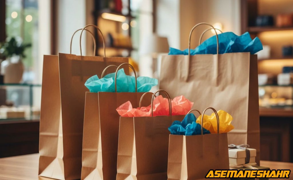 ساک‌ های کاغذی کرافت رنگی آسمان‌ شهر در اندازه‌های متنوع روی میز چوبی، نمایش انتخاب حرفه‌ ای ساک هدیه برای فروشگاه‌های لوکس.