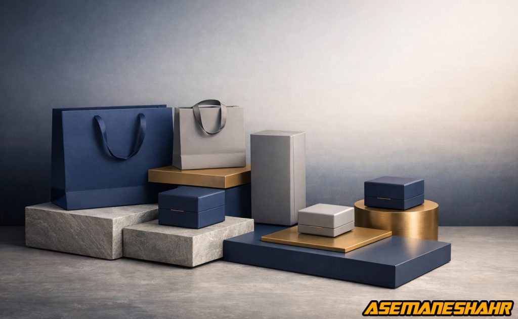 چیدمان هنرمندانه از ساک دستی‌ های شیک و جعبه‌ های بسته‌ بندی لوکس در رنگ‌ های آبی، خاکستری و طلایی، ایده‌ آل برای برندسازی.