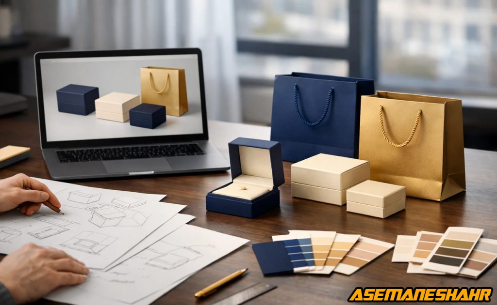 میز طراح گرافیک با اسکیس‌ های بسته‌ بندی، پالت رنگ و نمونه‌ های فیزیکی ساک دستی و جعبه هدیه لوکس، نمایشگر فرآیند خلاقانه.