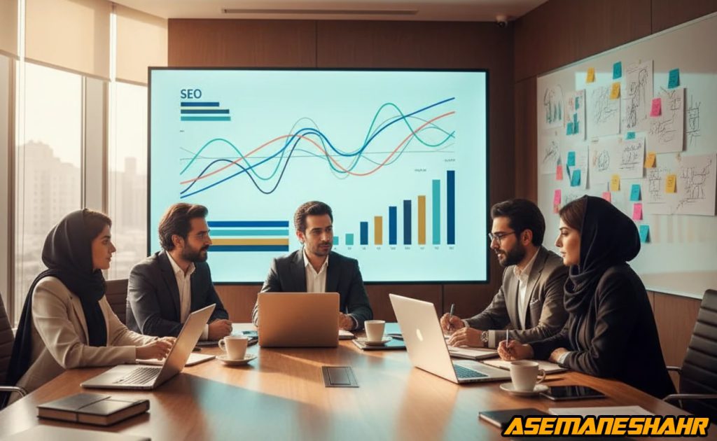 نشست برنامه ریزی استراتژیک سئو آسمان شهر با بررسی نمودارهای رتبه و ترافیک، نماد هماهنگی تیمی برای رشد پایدار دیجیتال.
