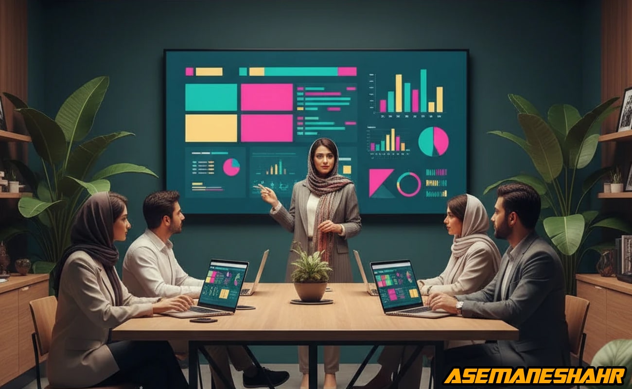 تیم سئو و تحلیل داده آسمان‌ شهر در حال بررسی داشبوردهای بصری، تمرکز بر تصمیم‌ گیری داده‌ محور و بهبود تجربه کاربری وب‌ سایت.