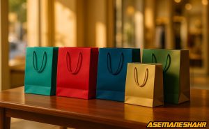 ساک‌ های دستی آسمان‌ شهر در رنگ‌ های فیروزه‌ ای، قرمز، آبی و طلایی روی میز چوبی، نماد انتخاب هوشمندانه سایز مناسب بسته‌ بندی.