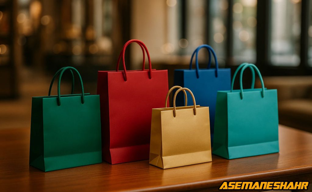 ساک های هدیه رنگی آسمان شهر در پنج اندازه و رنگ متنوع، نمایش راهنمای انتخاب سایزبندی و تناسب بسته بندی حرفهای هدیه های شیک.