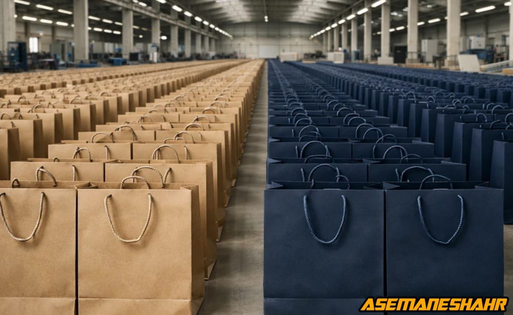 تولید انبوه ساک کاغذی در کارخانه صنعتی با تمرکز بر بسته‌ بندی تجاری.