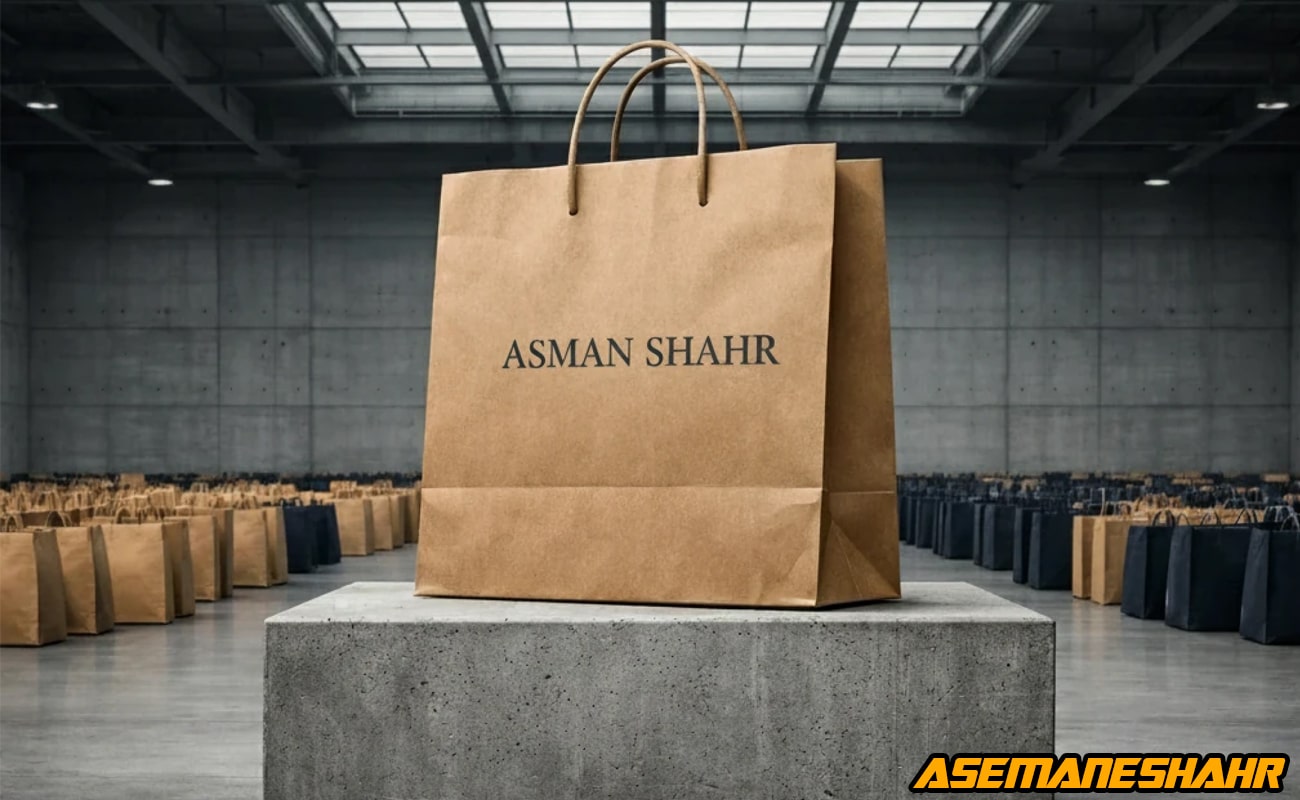 ساک کاغذی برند آسمان‌ شهر؛ نمایش کیفیت تولید و بسته‌ بندی حرفه‌ای.