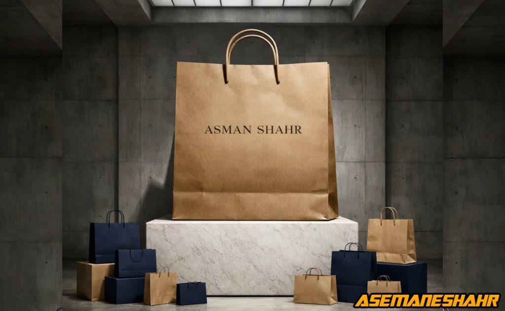 ساک کاغذی تبلیغاتی برند آسمان شهر؛ نمونه تولید حرفه‌ ای بسته‌ بندی تجاری.