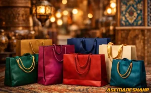 ساک دستی کاغذی لوکس با رنگ‌ بندی متنوع در فضای سنتی ایرانی.
