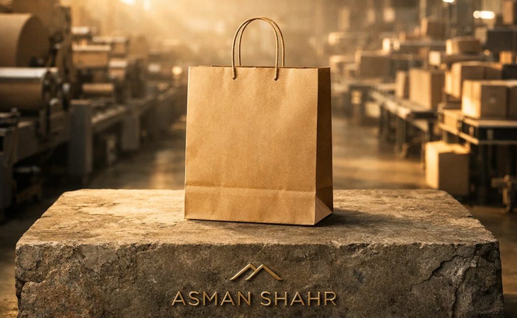 ساک کاغذی بسته‌ بندی تجاری با طراحی ساده در فضای صنعتی.