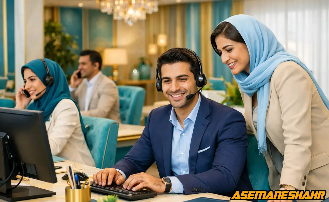 تیم پشتیبانی در فضای اداری حرفه‌ای، پاسخ‌گویی هم‌زمان به مشتریان با سیستم‌ های دیجیتال