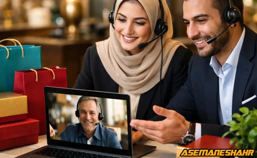 تعامل تیم پشتیبانی با مشتری از طریق تماس و ارتباط آنلاین در کنار محصولات بسته‌ بندی.