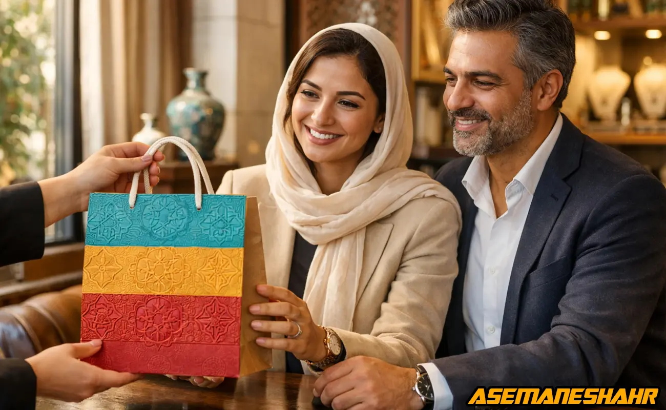 بسته‌ بندی کادویی شیک هنگام ارائه هدیه با ساک دستی رنگی و طراحی هنری.