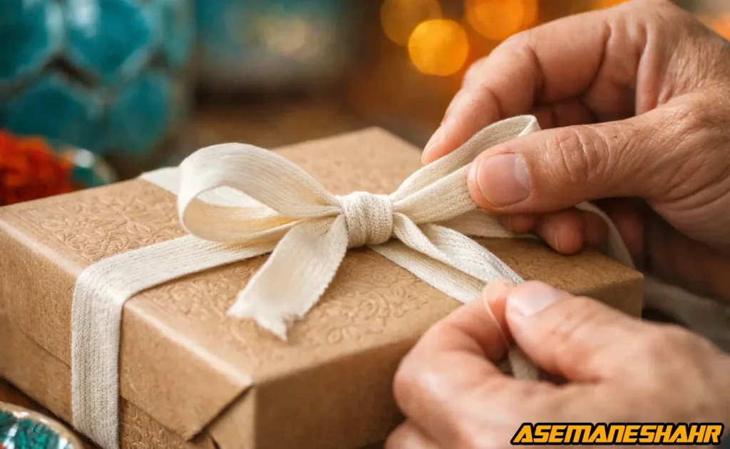 بسته‌ بندی هدیه دست‌ ساز با روبان پارچه‌ ای نماد توجه و تبلیغ برند.