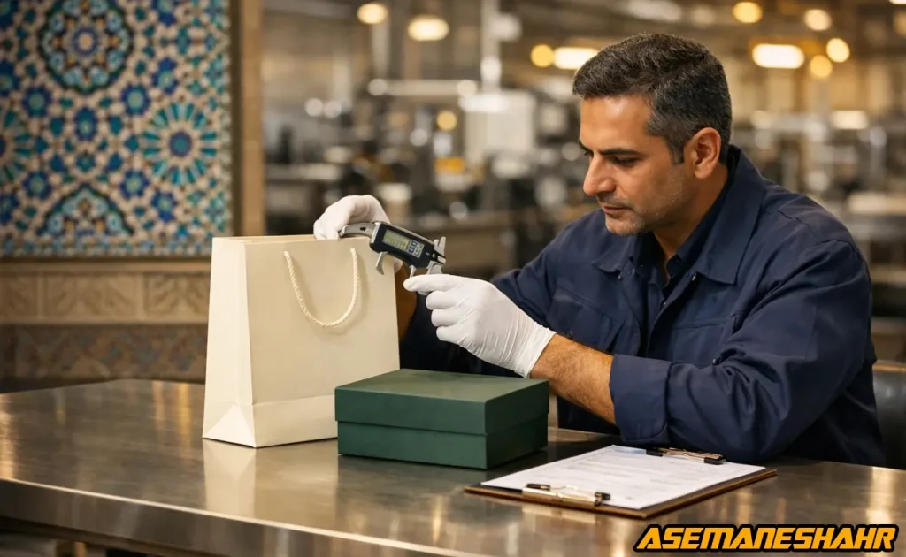 بررسی ابعاد ساک کاغذی در مرحله کنترل کیفیت بسته‌ بندی.