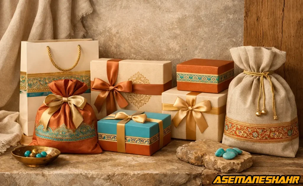 نمونه بسته‌ بندی هدیه با ساک کاغذی و جعبه در مقایسه متریال‌ ها.