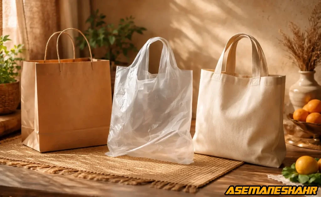 مقایسه ساک کاغذی، کیسه پلاستیکی و کیف پارچه‌ ای در کاربرد روزمره.