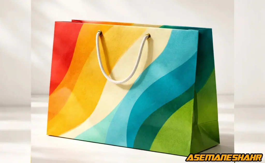 ساک کاغذی رنگی با طراحی مدرن روی پس‌ زمینه روشن، تمرکز بر متریال و چاپ.