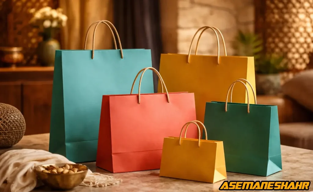 چند بسته‌ بندی کاغذی در ابعاد مختلف روی میز، مناسب هدیه و فروش.