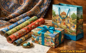بسته‌ بندی هدیه سنتی با جعبه کاغذی تزئینی و ساک دستی.