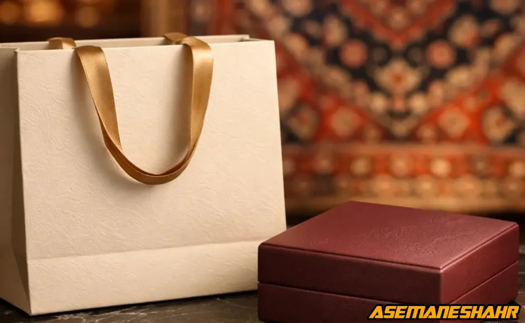 ساک کاغذی ساده در کنار جعبه هدیه با طراحی مینیمال.