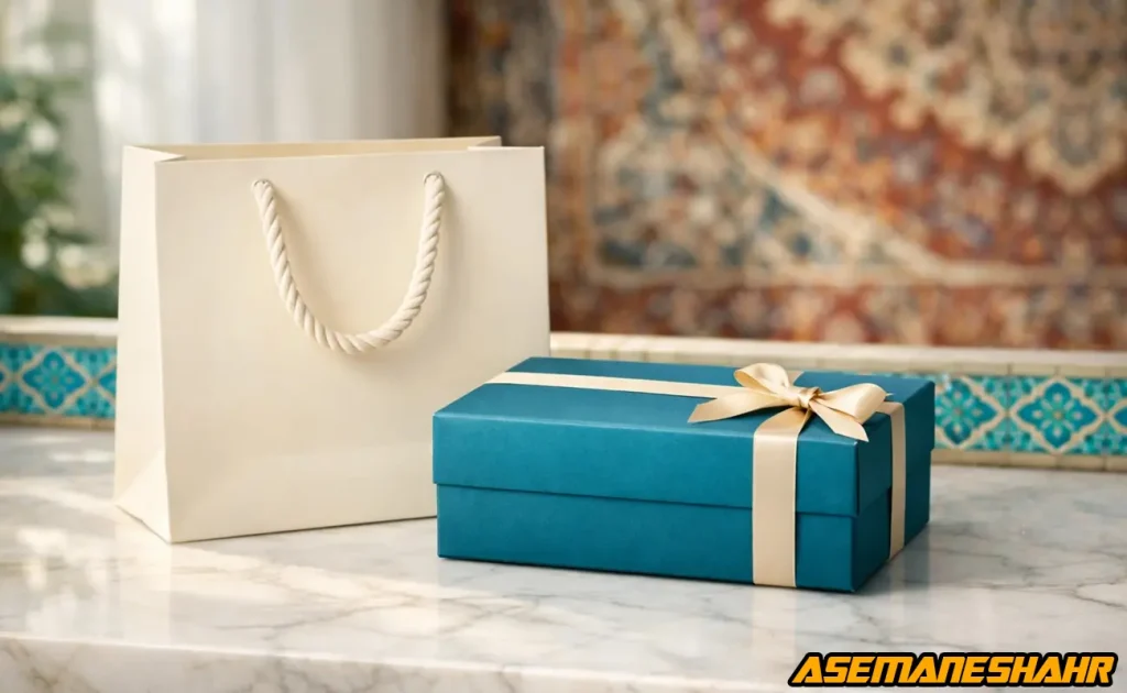 ساک دستی کاغذی و جعبه هدیه در بسته‌ بندی شیک فروشگاهی.