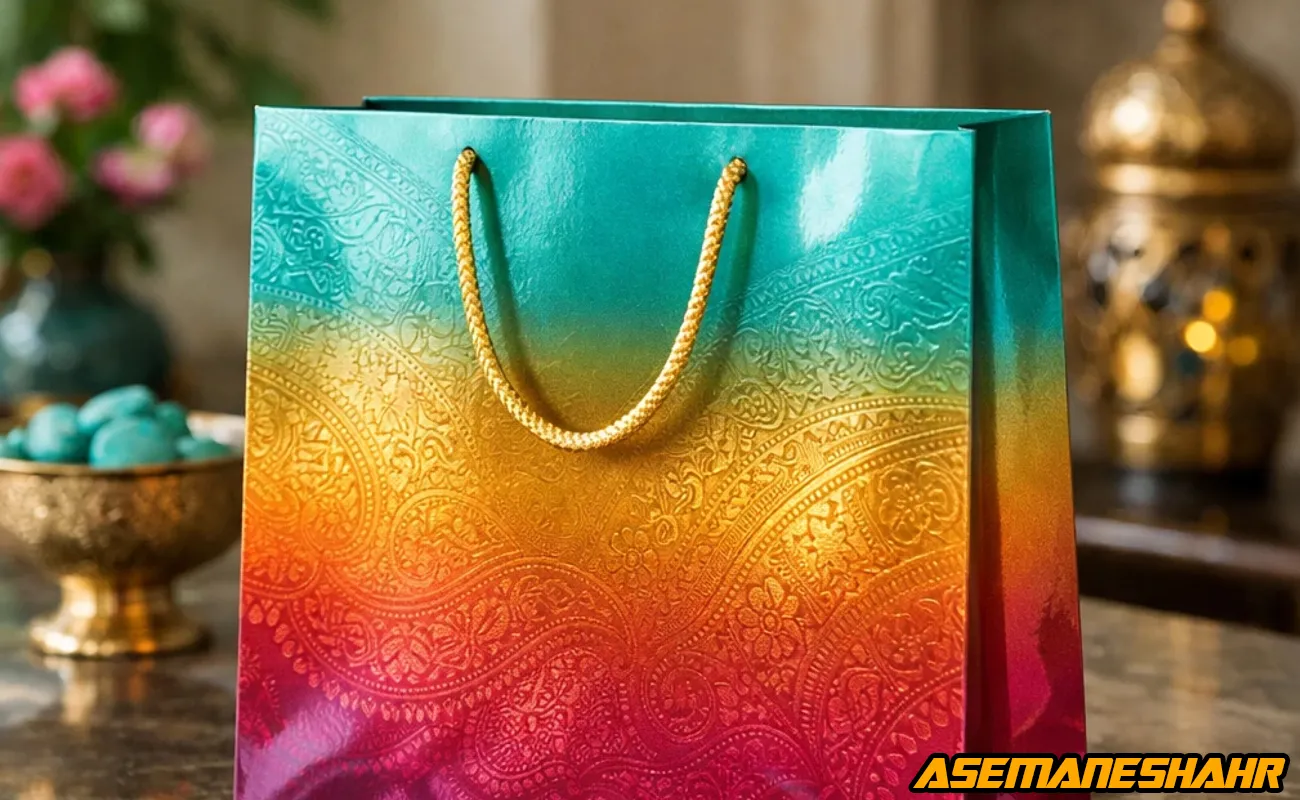 ساک بسته‌ بندی کادویی با طرح سنتی برجسته و رنگ‌ های گرادینت فیروزه‌ ای و طلایی.