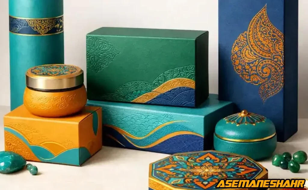 بسته بندی کادویی لوکس با جعبه های سبز و طلایی و نقش برجسته سنتی ایرانی.