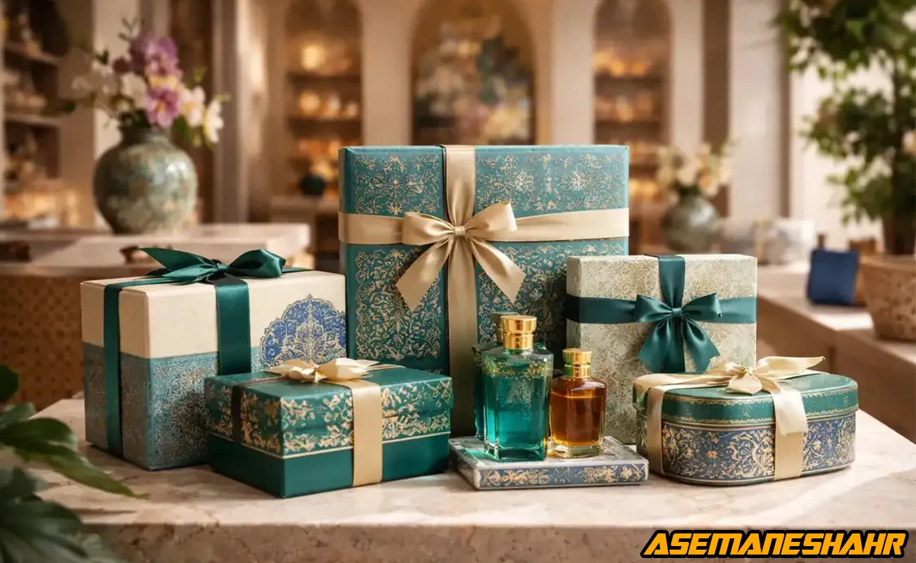 بسته‌ بندی کادویی شیک با جعبه‌ های هدیه روبان‌ دار در چیدمان لوکس فروشگاهی.