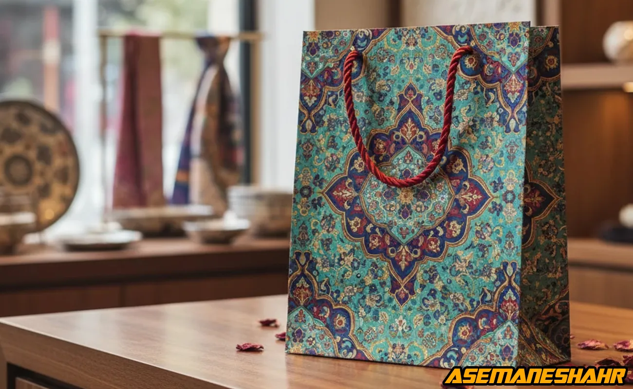 پاکت هدیه کادویی با طرح اسلیمی فیروزه‌ ای و دسته قرمز در محیط فروشگاهی.