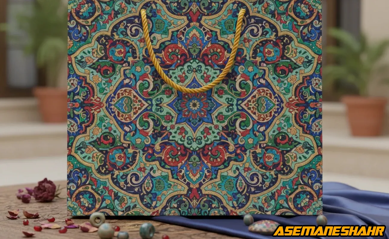 ساک دستی هدیه سنتی با نقش اسلیمی رنگی و بند طلایی روی میز چوبی.
