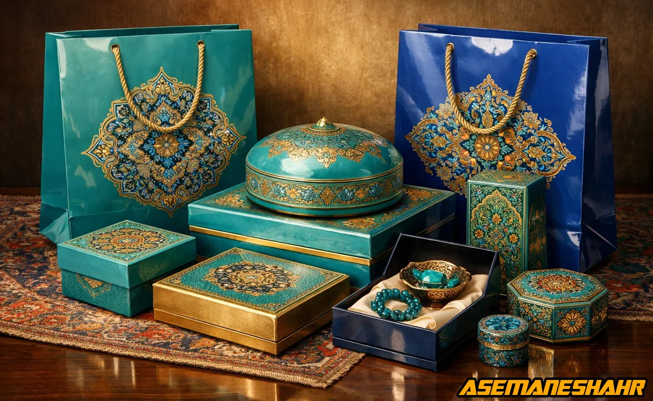 بسته‌ بندی کادویی سنتی با ساک‌ های فیروزه‌ ای و جعبه‌ های نقش‌ دار ایرانی در چیدمان لوکس.