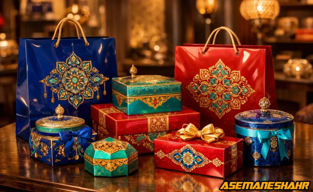 کادوپیچ لوکس با پاکت های هدیه رنگی و باکس هدیه طرح طلایی در چیدمان فروشگاهی.