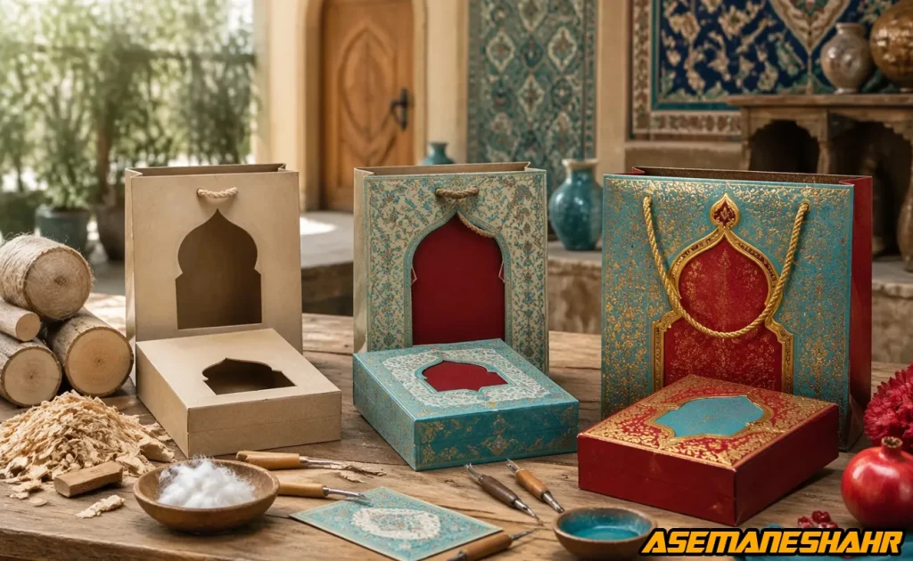 کادوپیچ هدیه سنتی با جعبه و ساک دستی طاق‌ نما در یک چیدمان ایرانی دست‌ ساز.