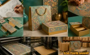 فرایند طراحی تا تولید بسته‌ بندی کادویی با نقش اسلیمی در کارگاه و چاپخانه صنعتی.