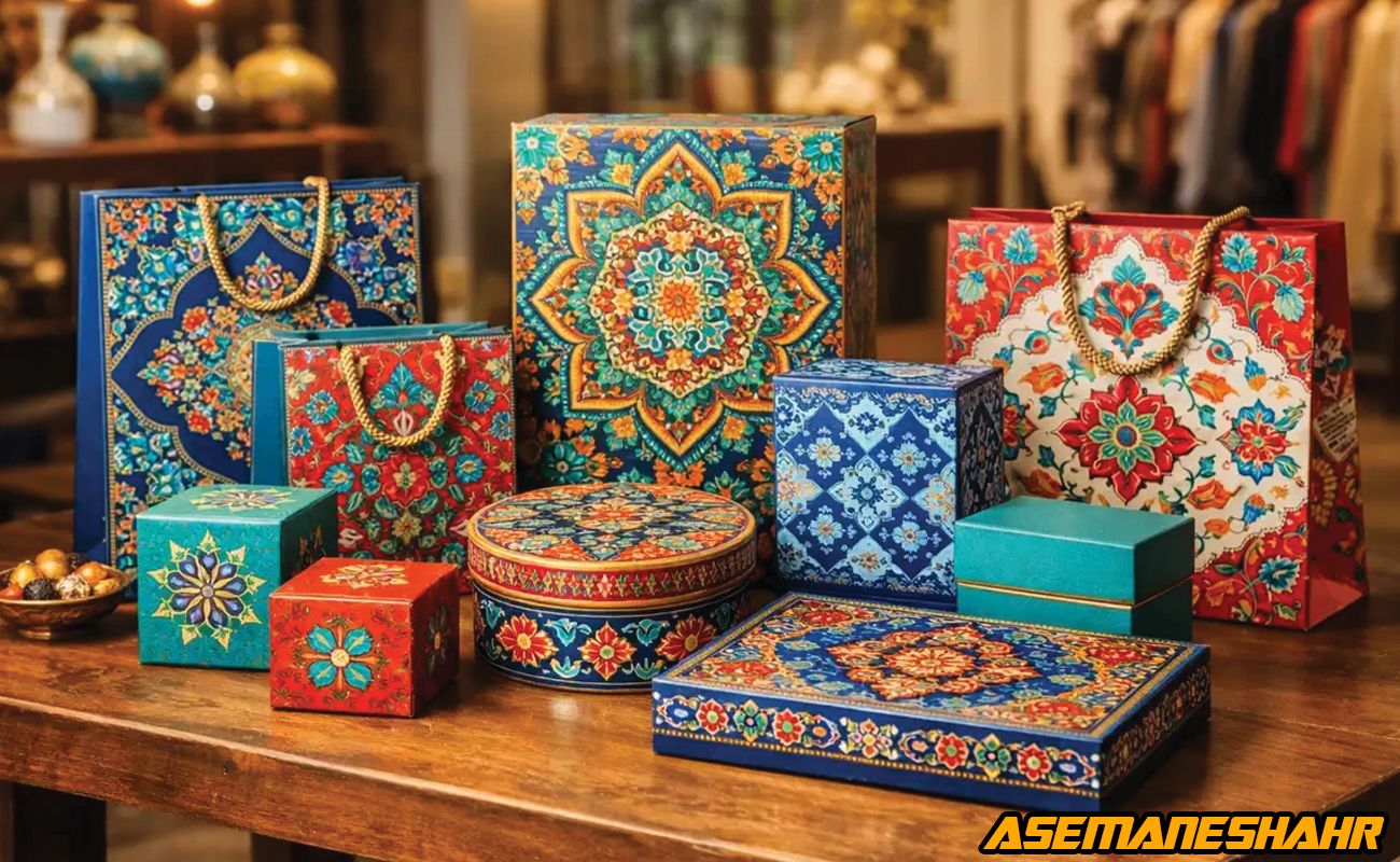 بسته‌ بندی کادویی سنتی با جعبه‌ ها و ساک‌ های هدیه طرح ایرانی و نقوش اسلیمی رنگارنگ.