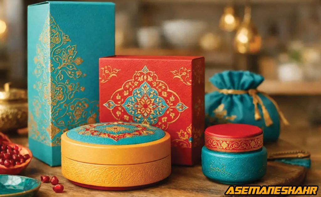 بسته‌ بندی کادویی لوکس با جعبه‌ های هدیه تزئینی و نقوش سنتی ایرانی.