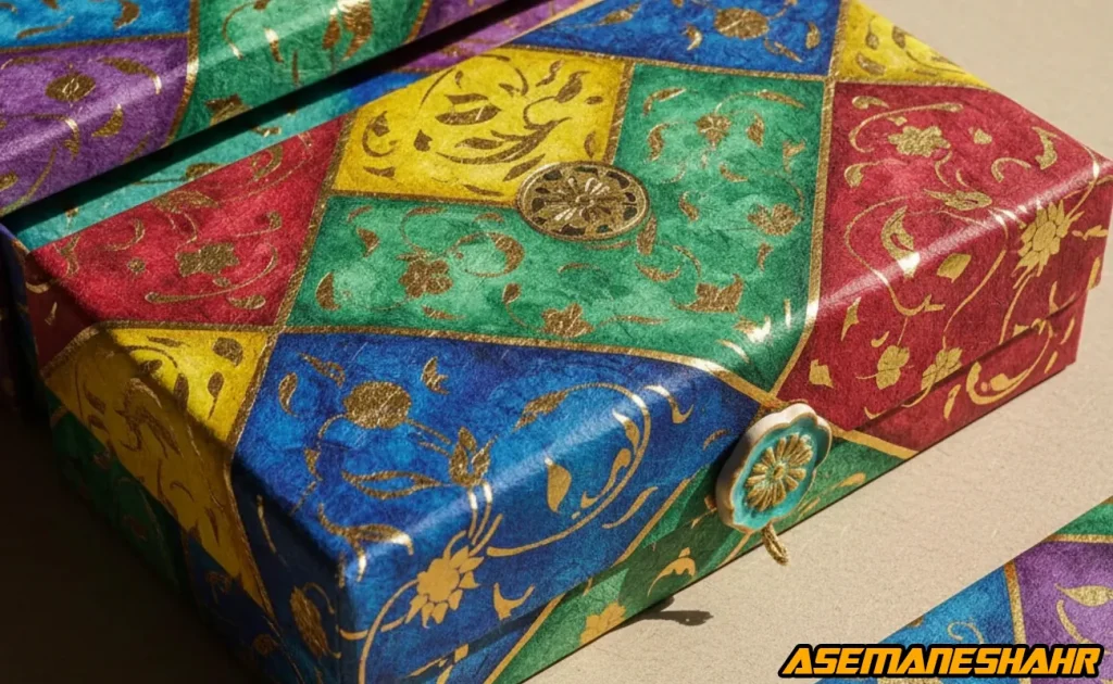 جعبه دست ساز با کاغذ نقش دار رنگی و جزئیات طلایی برای بسته بندی هدیه.