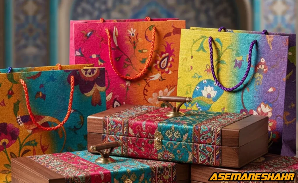 پاکت هدیه رنگی طرح ایرانی و باکس‌ های چوبی تزئینی در یک چیدمان هنری برای بسته‌ بندی کادویی.
