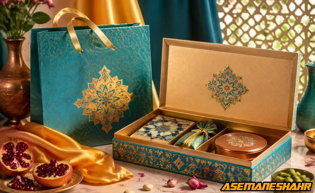 بسته‌ بندی کادویی سنتی با جعبه طلایی و ساک فیروزه‌ ای نقش‌ دار در چیدمان لوکس ایرانی.