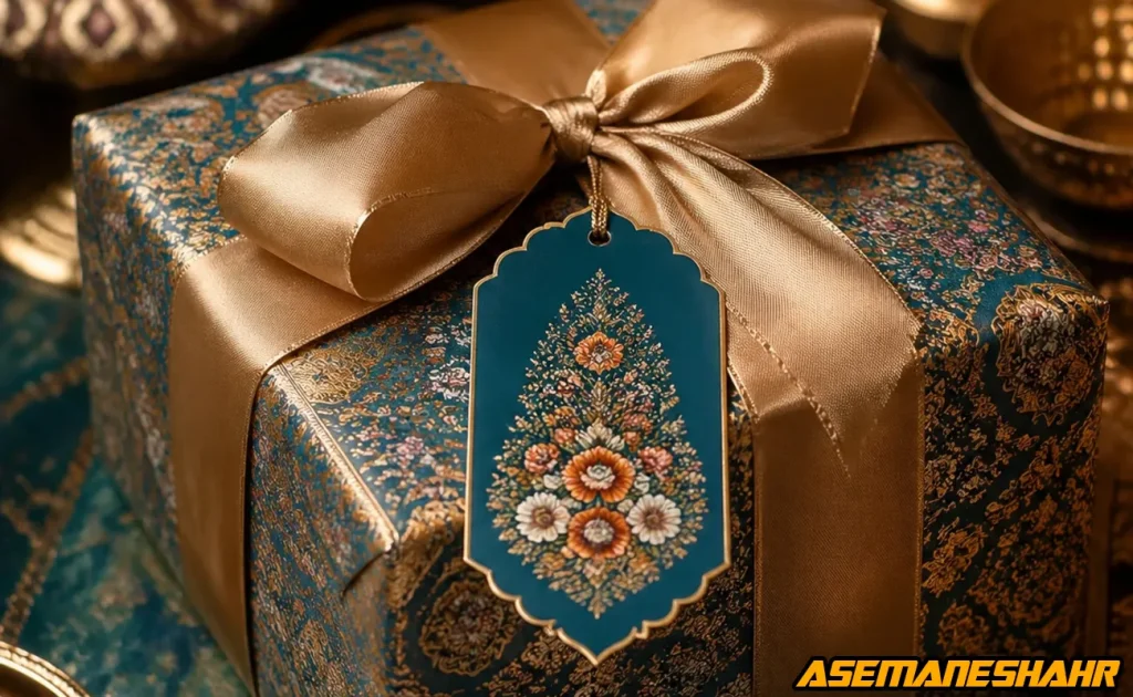 جعبه جهت کادو پیچ کردن با کاغذ طرح‌ دار سنتی، روبان طلایی و تگ مینیاتوری گل‌ و بوته.