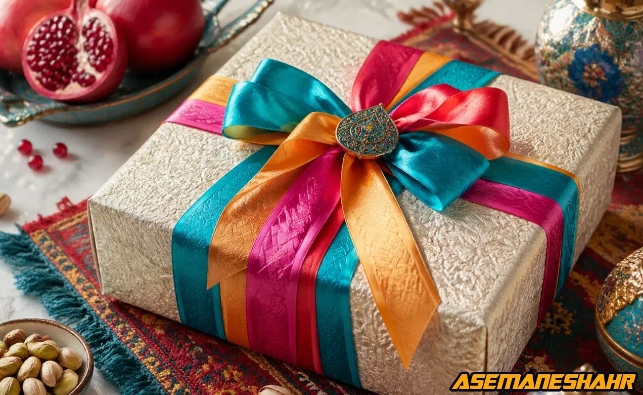 بسته‌ بندی کادویی با جعبه روشن و روبان چندرنگ در چیدمان سنتی با انار و آجیل.