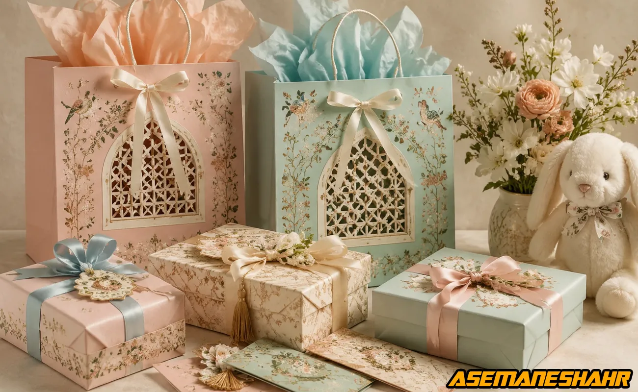 تزیین ست هدیه نوزاد با ساک کادویی فانتزی و جعبه‌ های گل‌دار در تم رنگی پاستلی.
