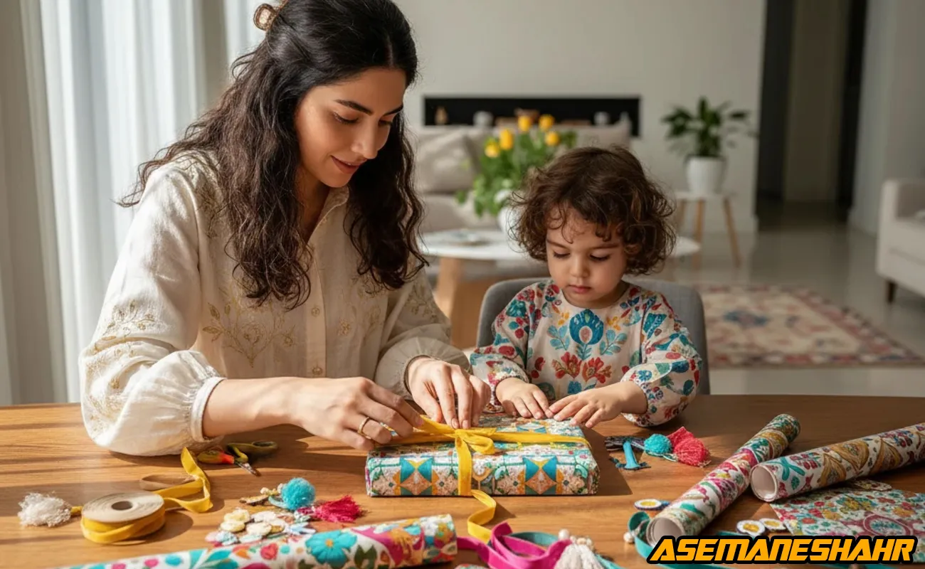 ایده خلاقانه برای بسته‌ بندی هدیه با کاغذ کادو و روبان زیبا.