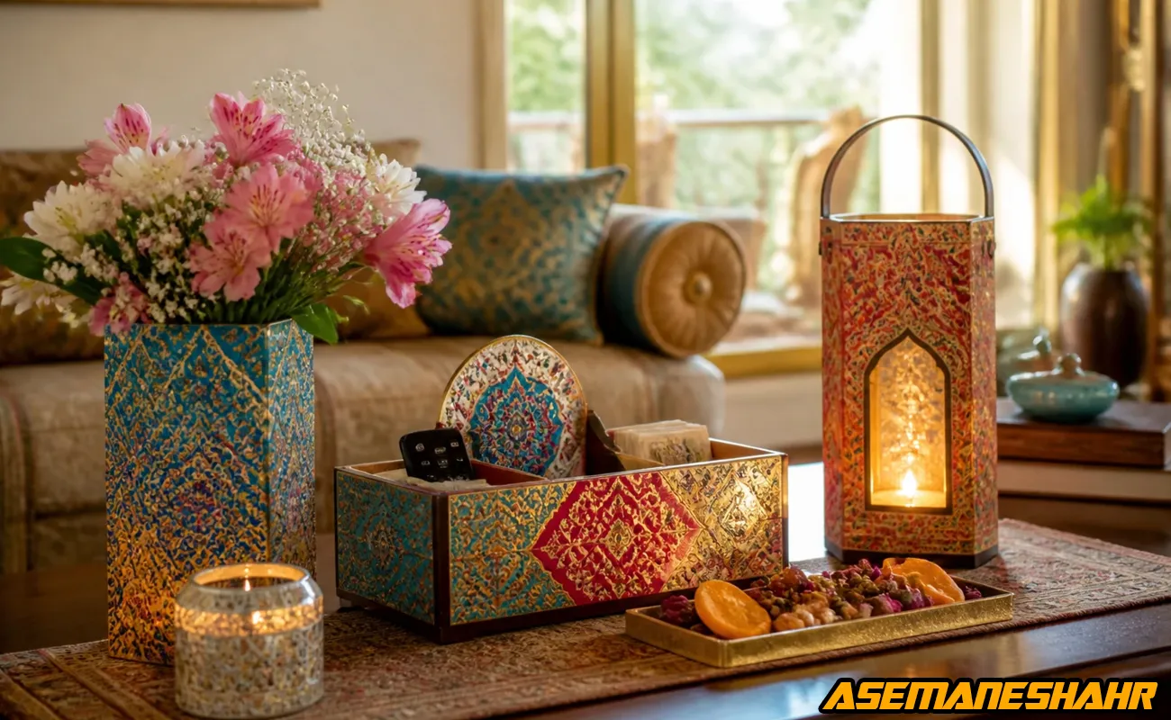 ست دکوراتیو سنتی با جعبه طرح ایرانی و لوازم پذیرایی الهام‌ گرفته از بسته‌ بندی کادویی.