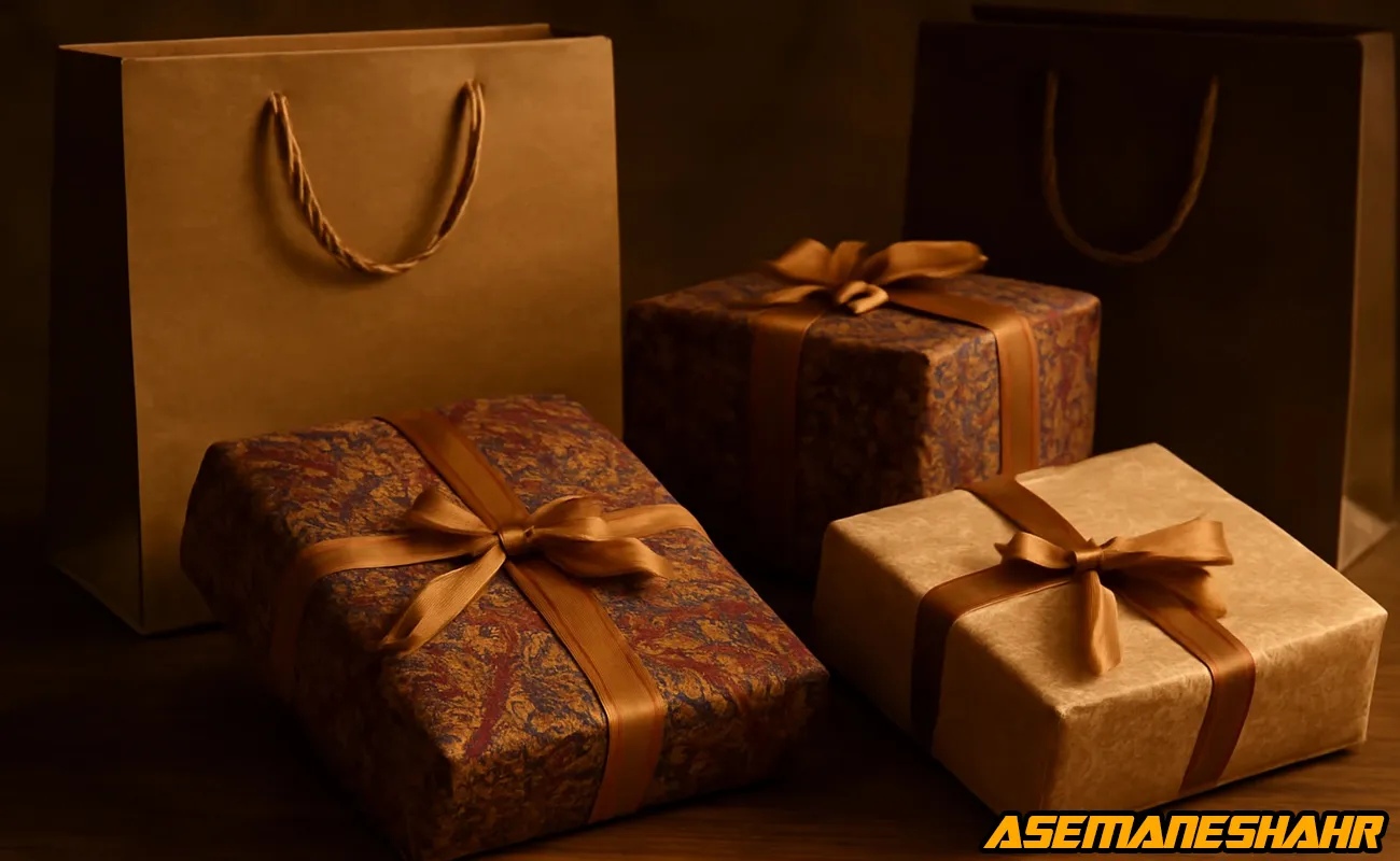 بسته‌ بندی هدیه لوکس با کاغذ کادوی طرح سنتی و روبان طلایی در کنار ساک کادویی قهوه‌ ای.