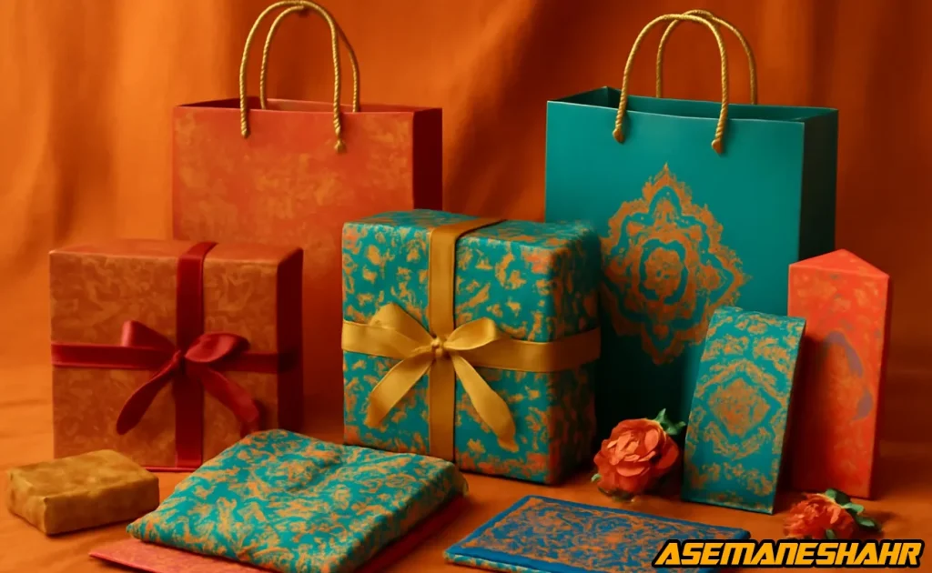 مجموعه پاکت کادو و جعبه هدیه ایرانی با بسته‌ بندی آبی و نارنجی در کنار رول کاغذ کادو سنتی.