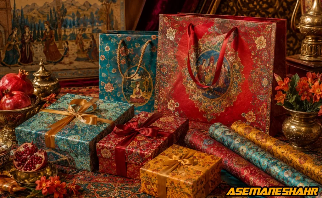 چیدمان جعبه‌ های هدیه و ساک دستی با طرح نگارگری ایرانی در کنار انار و ظروف مسی با تم سنتی.